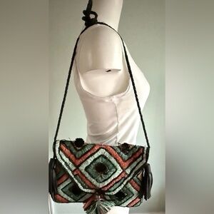 Anthropologie ibBan Handmade Raffia Leather Crossbody Bag Teal Black Tassel